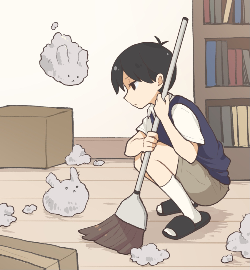 1boy black_eyes black_hair black_sandals black_sweater_vest book bookshelf box broom brown_shorts cardboard_box collared_shirt doroidsan dust_bunny_(omori) flip-flops holding holding_broom male_focus omori sandals shirt short_hair short_sleeves shorts socks solo squatting sunny_(omori) sweater_vest white_shirt white_socks