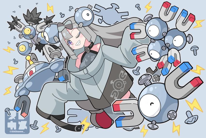 1girl alternate_color alternate_hair_color bow-shaped_hair character_hair_ornament commentary_request evolutionary_line gen_1_pokemon gen_4_pokemon grey_background grey_jacket grey_pantyhose grey_shirt grin hair_ornament highres iono_(pokemon) jacket lightning_bolt_symbol long_hair long_sleeves magnemite magneton magnezone nintendo one_eye_closed pantyhose pokemon pokemon_(creature) pokemon_sv sandy_shocks shirt single_leg_pantyhose sleeves_past_fingers sleeves_past_wrists smile sutokame teeth thigh_strap
