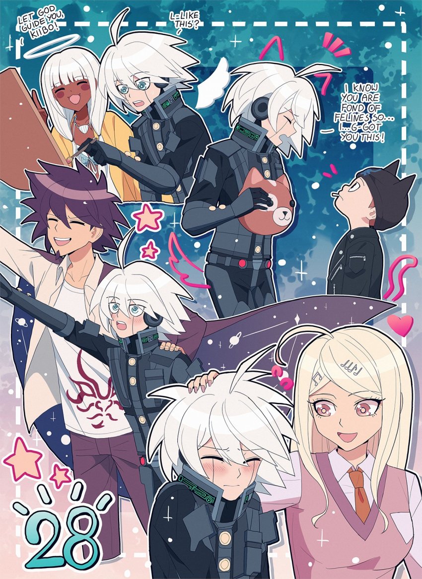 2girls 3boys :d ahoge akamatsu_kaede alternate_hairstyle android arm_up armor blonde_hair blue_background breasts brown_neckwear cat cat_tail cheer_(cheerpuppy14) closed_eyes collared_shirt danganronpa_(series) danganronpa_v3:_killing_harmony dark-skinned_female dark_skin english_text fake_tail fortissimo green_background green_jacket hair_ornament headphones heart highres holding hoshi_ryoma jacket jewelry k1-b0 long_hair looking_at_another medium_breasts momota_kaito multiple_boys multiple_girls musical_note musical_note_hair_ornament necklace necktie notice_lines open_clothes open_mouth open_shirt pants pink_pants power_armor print_shirt purple_jacket shell shell_necklace shirt smile space_print star_(symbol) starry_sky_print tail white_shirt yonaga_angie