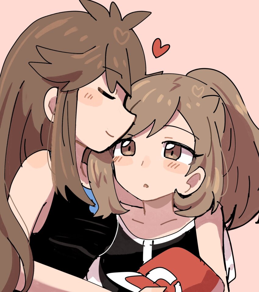 2girls black_shirt brown_eyes brown_hair closed_eyes closed_mouth creatures_(company) elaine_(pokemon) game_freak green_(pokemon) han0579 hat heart highres long_hair multiple_girls nintendo parted_lips pokemon pokemon_lgpe ponytail red_hat shirt sleeveless sleeveless_shirt unworn_hat unworn_headwear upper_body yuri