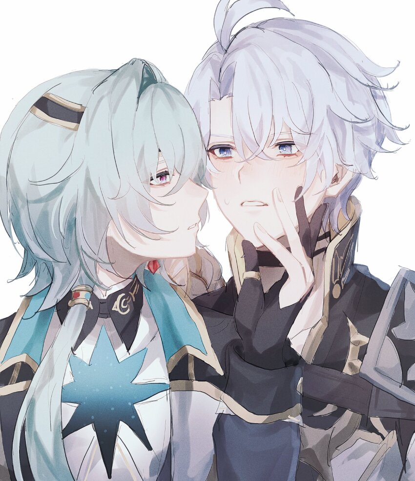 2boys anaxa_(honkai:_star_rail) aqua_hair fz7047 gloves grey_hair hair_between_eyes hand_up highres honkai:_star_rail honkai_(series) looking_to_the_side male_focus multiple_boys parted_lips partially_fingerless_gloves phainon_(honkai:_star_rail) pink_pupils short_hair side_ponytail simple_background solo teeth upper_body white_background yaoi