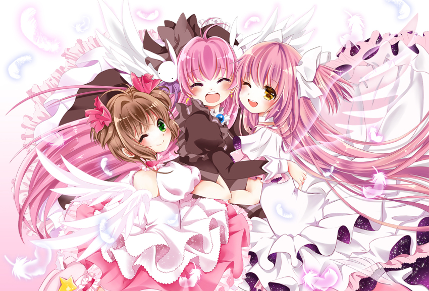 10s 1990s_(style) 3girls ;d angel angel_wings bottle_(x890264) brown_hair cardcaptor_sakura choker crossover dress feathers frilled_dress frills gradient_background hair_ornament hair_ribbon happy hug juliet_sleeves kaname_madoka kinomoto_sakura kinomoto_sakura_(astral_sakura) long_hair long_sleeves magical_girl mahou_shoujo_madoka_magica mahou_shoujo_madoka_magica_(anime) misha misha_(pita_ten) multiple_girls one_eye_closed open_mouth petticoat pink_hair pita_ten puffy_short_sleeves puffy_sleeves retro_artstyle ribbon short_sleeves smile teeth trait_connection ultimate_madoka very_long_hair white_wings wings