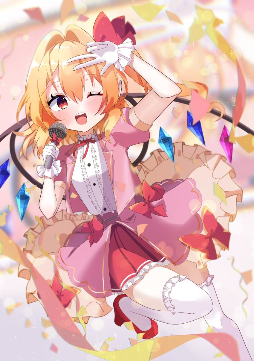 1girl ascot blonde_hair crystal crystal_wings flandre_scarlet frilled_thighhighs frills hat hat_ribbon high_heels highres iris_(airisu495) laevatein_(touhou) microphone multicolored_wings open_mouth red_eyes red_shoes red_vest ribbon ribbon_trim shoes short_hair side_ponytail skirt skirt_set smile solo thighhighs touhou v vest white_thighhighs wings yellow_ascot