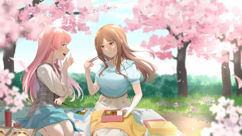 2girls absurdres bang_dream! bang_dream!_it&#039;s_mygo!!!!! bento blue_eyes blue_shirt blue_sky blush brown_hair bush cherry_blossoms chihaya_anon chinese_text chopsticks closed_mouth commentary_request day dress falling_petals food grass grey_dress highres holding holding_chopsticks jewelry laughing long_hair long_sleeves looking_at_another mixed-language_commentary multiple_girls nagasaki_soyo necklace omelet open_mouth outdoors petals picnic pink_hair plaid_clothes plaid_dress rice risai sausage seiza shirt short_sleeves sitting skirt sky smile tamagoyaki thermos tree white_shirt white_skirt