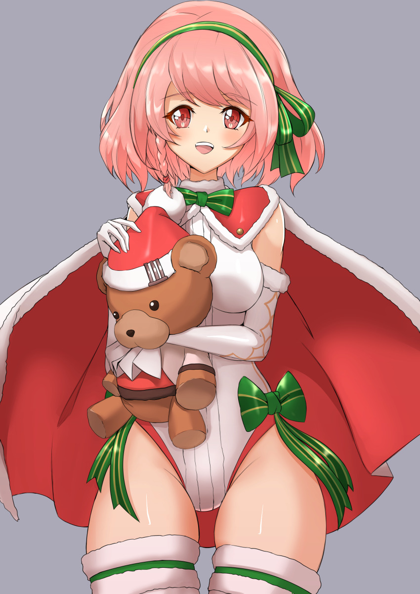 1girl absurdres alternate_costume breasts christmas deekei fire_emblem fire_emblem_engage fur_trim grey_background hat highres lapis_(fire_emblem) leotard medium_breasts nintendo open_mouth pink_eyes pink_hair santa_cape santa_costume santa_hat stuffed_animal stuffed_toy teddy_bear thick_thighs thighs white_fur