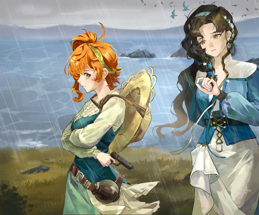 2girls absurdres black_hair blue_shirt blue_vest closed_mouth crossed_arms finger_on_trigger from_side grass green_eyes green_hairband grey_sky gun hair_ornament hairband handgun hat hat_on_back highres holding holding_gun holding_weapon long_hair looking_at_another looking_back lopera_(reverse:1999) medium_hair moldir_(reverse:1999) mountainous_horizon multiple_girls orange_hair outdoors overcast parted_lips profile rain reverse:1999 rock shirt siblings side_ponytail simple_bird sisters skirt sky step-siblings straw_hat upper_body vest water weapon white_shirt white_skirt wu_fuzuoyong yellow_eyes yellow_hat