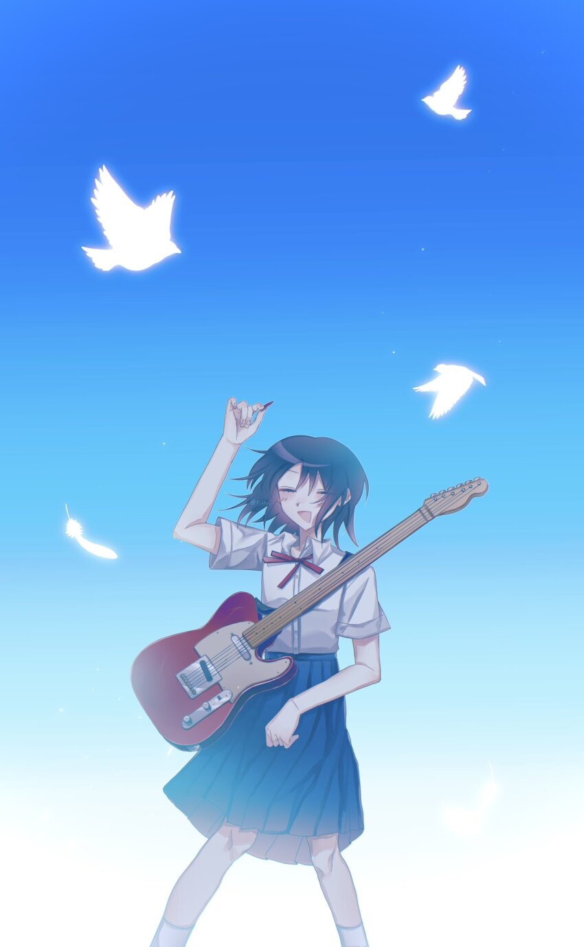 1girl :d arm_up bird black_hair blue_skirt blue_sky closed_eyes collared_shirt commentary_request dai_(5_29) dove dress_shirt electric_guitar feet_out_of_frame fender_telecaster fretless_guitar fretless_instrument futsuu_no_keion-bu guitar guitar_strap hatono_chihiro highres holding holding_plectrum instrument name_connection neck_ribbon object_namesake open_mouth outdoors pleated_skirt plectrum red_ribbon ribbon school_uniform shirt shirt_tucked_in short_hair short_sleeves skirt sky smile socks solo standing summer_uniform white_bird white_shirt white_socks wing_collar