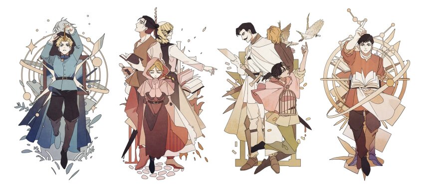 2girls 6+boys albert_brudzewski_(chi.) astrolabe back-to-back badeni belt bird birdcage black_eyes black_hair blonde_hair blue_eyes book braid braided_ponytail buttons cage cape chi.:_chikyuu_no_undou_ni_tsuite cloak draka_(chi.) dress eyepatch facial_hair full_body gloves hair_pulled_back highres holding holding_book holding_sword holding_weapon hood hooded_cloak hubert_(chi.) jacket jolenta long_hair long_sleeves looking_at_viewer medium_hair midair multiple_boys multiple_girls mustache nowak_(chi.) oczy pants ponytail praying rafal_(chi.) rope_around_neck scapular scar scar_on_face scar_on_lip scar_on_mouth scar_on_nose schmidt_(chi.) shirt short_hair single_braid sword tonsure vest weapon white_background zero_(jckz2334)
