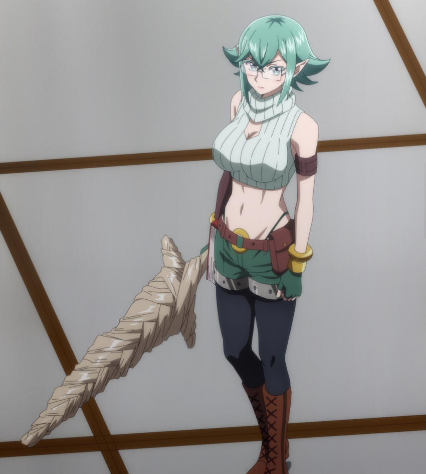 1girl breasts cleavage cleavage_cutout clothing_cutout elf fighting_stance fingerless_gloves glasses gloves green_eyes green_hair highres large_breasts legs looking_at_viewer midriff navel pointy_ears salaryman_ga_isekai_ni_ittara_shitennou_ni_natta_hanashi serious short_hair shorts solo stitched sword sylphid_(salaryman_ga_isekai_ni_ittara_shitennou_ni_natta_hanashi) thighs third-party_edit thong toned weapon whale_tail_(clothing)