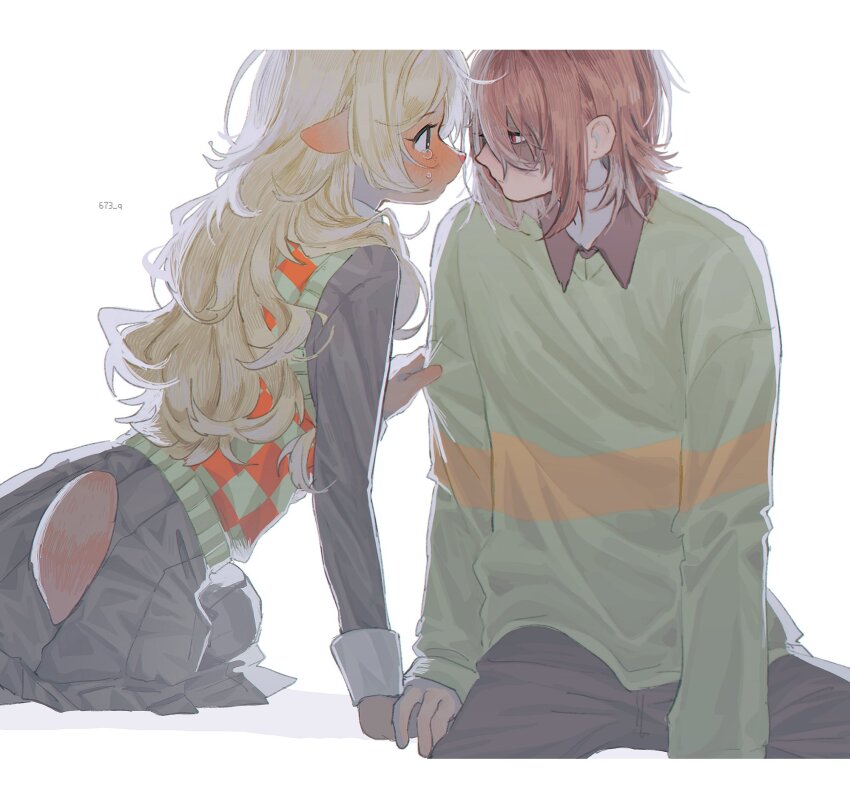 1boy 1girl 673_q animal_ears black_pants blonde_hair blue_eyes blush brown_hair closed_mouth collared_shirt deer_ears deer_girl deer_tail deltarune eye_contact face-to-face furry furry_female furry_male goat_ears green_sweater hetero highres holding_hands interspecies kris_(deltarune) long_hair long_sleeves looking_at_another noelle_holiday pants pleated_skirt red_eyes sheep_ears shirt short_hair sitting skirt sweater sweater_vest tail white_background white_shirt