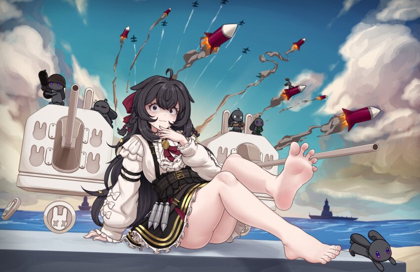 1girl ahoge animal_ears ass barefoot black_dress black_hair bow braid commentary dress efreezerarts english_commentary feet foot_focus frills highres legs long_hair long_sleeves looking_at_viewer official_alternate_costume phase_connect pipkin_pippa pipkin_pippa_(shipkin_shippa) purple_eyes rabbit_ears rabbit_girl red_ribbon ribbon sitting soles solo toes virtual_youtuber
