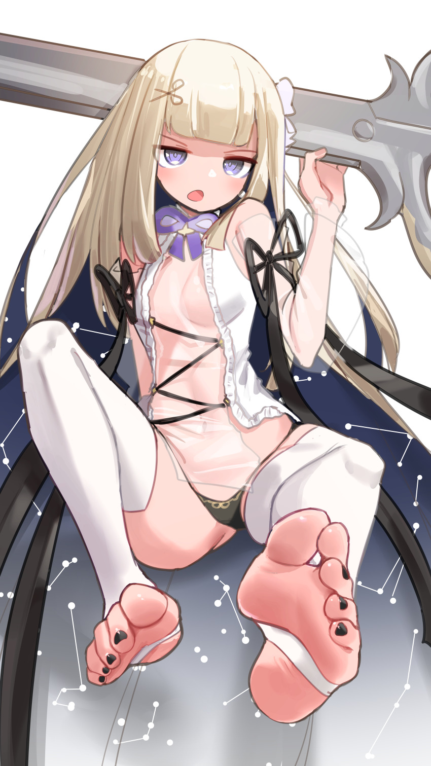 1girl absurdres amanogawa_shiina barefoot blonde_hair blue_eyes breasts feet highres long_hair looking_at_viewer open_mouth phase_connect pompmaker1 small_breasts soles stirrup_legwear toeless_legwear toes virtual_youtuber