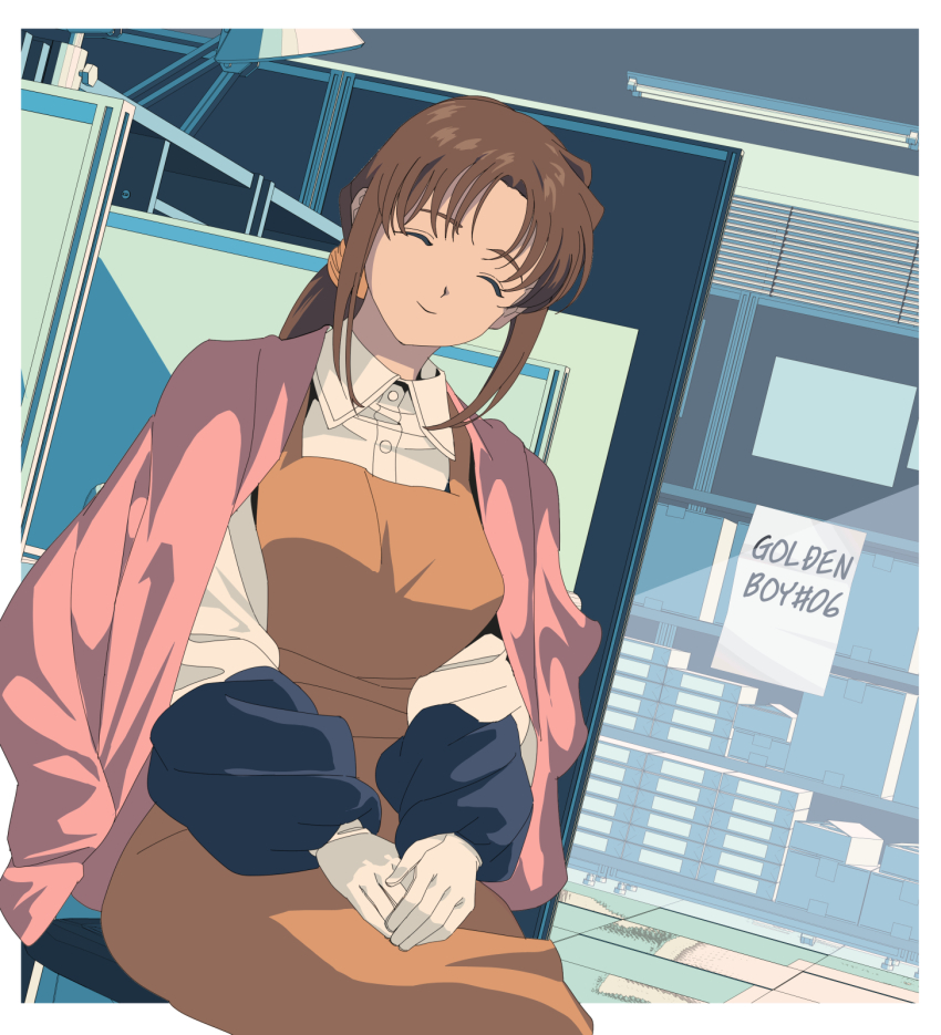 1girl brown_dress brown_hair chie_(golden_boy) closed_eyes closed_mouth commentary dress edoya_inuhachi gloves golden_boy highres long_hair ponytail sitting smile solo white_gloves