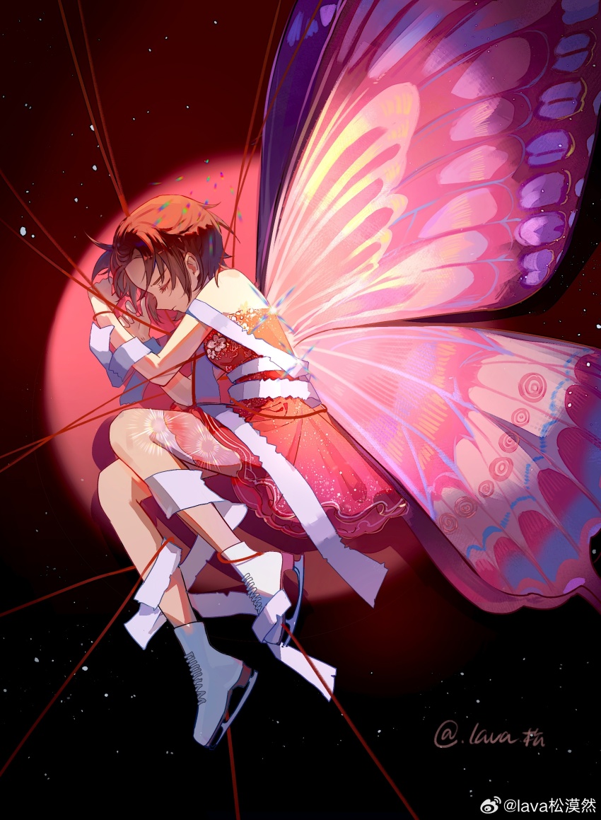 1girl absurdres brown_hair butterfly_wings closed_eyes curled_up figure_skating_dress from_side furrowed_brow highres ice_skates insect_wings lava_indifferent medalist_(manga) red_ribbon ribbon skates solo twitter_username watermark weibo_username weibo_watermark wings yuitsuka_inori