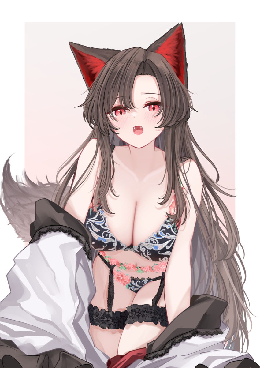 1girl animal_ears bare_shoulders black_bra black_panties blush border bra breasts brown_hair commentary_request dress fangs frilled_thigh_strap highres imaizumi_kagerou large_breasts long_hair looking_at_viewer open_mouth outside_border panties parted_bangs red_eyes sarasadou_dan solo thigh_strap touhou underwear unworn_dress white_border white_dress wolf_ears wolf_girl