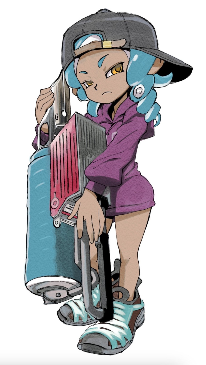 1girl backwards_hat baseball_cap bike_shorts black_hat blue_hair brown_shoes closed_mouth commentary_request dark-skinned_female dark_skin drill_hair flingza_roller_(splatoon) frown full_body hat highres holding holding_paint_roller holding_weapon hood hoodie long_hair long_sleeves looking_at_viewer muramasa_mikado nintendo octoling octoling_girl octoling_player_character octopus_girl paint_roller pointy_ears purple_hoodie shoes simple_background solo splatoon_(series) splatoon_3 standing suction_cups tentacle_hair twin_drills weapon white_background yellow_eyes