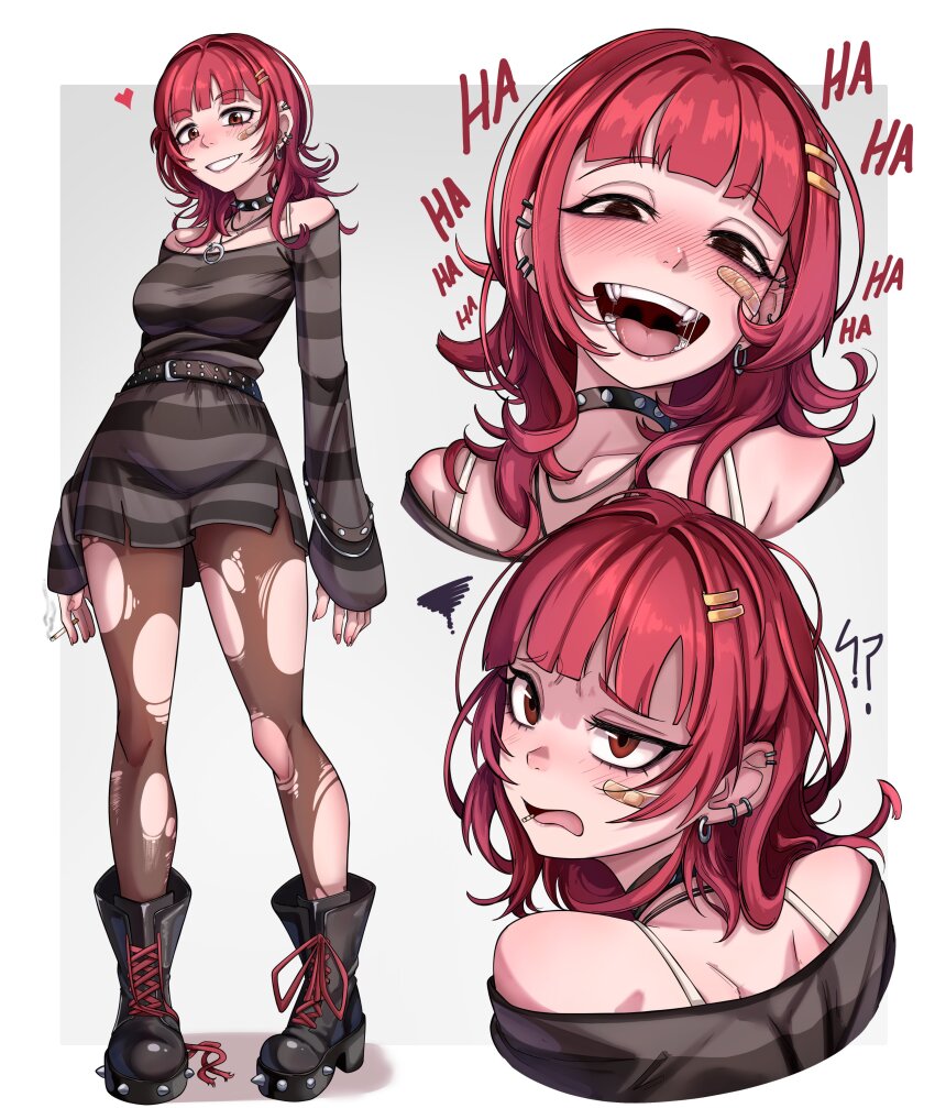 1girl ? ?? absurdres arched_bangs bandaid bandaid_on_cheek bandaid_on_face bare_shoulders belt black_belt black_boots black_choker black_eyes black_pantyhose black_shirt blush boots border bra_strap breasts choker cigarette collarbone commentary cropped_shoulders dilan_griz ear_piercing earrings english_commentary full_body grey_background grey_shirt hair_ornament hairclip heart highres holding holding_cigarette jewelry kat_(dilan_griz) laughing long_sleeves looking_at_viewer medium_breasts medium_hair multiple_views necklace off-shoulder_shirt off_shoulder open_mouth original outside_border pantyhose parallel_hairclips piercing red_eyes red_hair shirt smile spiked_boots spiked_choker spikes standing striped_clothes striped_shirt teeth tongue torn_clothes torn_pantyhose two-tone_shirt white_border
