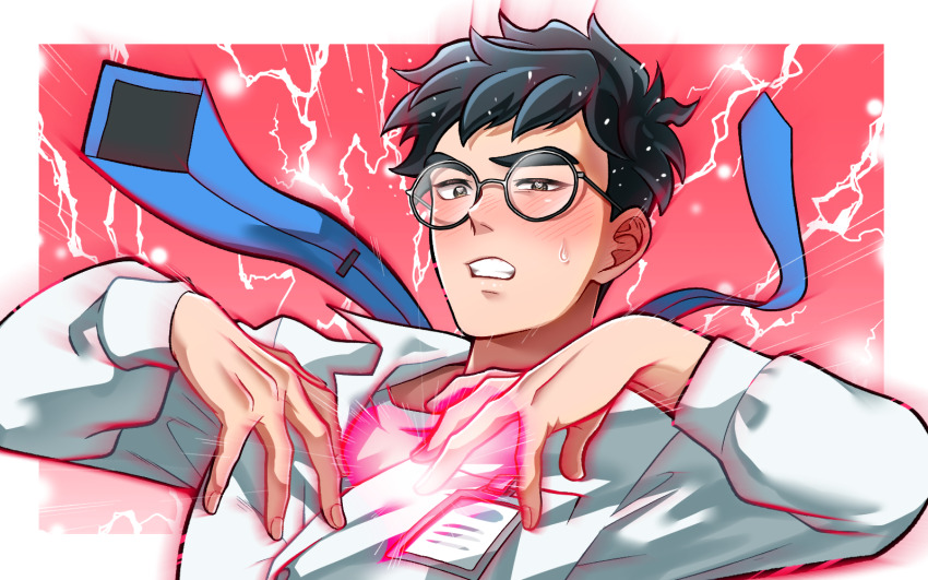 1boy black_hair blue_necktie brown_eyes clenched_teeth commentary_request electricity glasses highres male_focus mugicha_(zoro1132) my_time_at_portia my_time_at_sandrock necktie qi_(my_time_at_sandrock) raised_eyebrow round_eyewear shirt solo teeth unworn_necktie upper_body white_shirt