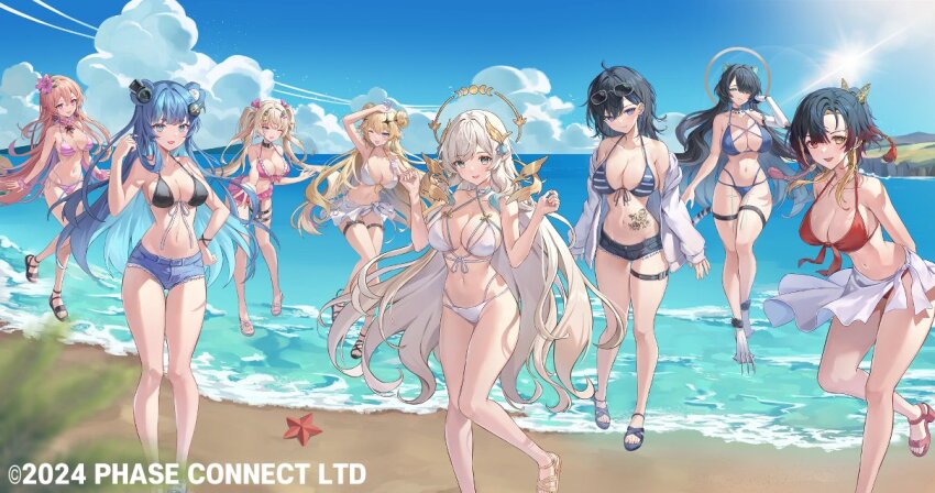 6+girls animal_ears aqua_eyes ayase_yuu bare_shoulders beach bear_ears bear_girl belt bikini black_bikini black_footwear black_hair blue_bikini blue_bow blue_eyes blue_hair blue_shorts bow breasts clawed_feet cloud collarbone colored_inner_hair copyright_notice erina_makina flower fortissimo front-tie_bikini_top front-tie_top fujikura_uruka green_eyes greenapple hair_flower hair_ornament hair_over_one_eye hair_ribbon halo headphones heterochromia hikanari_hina kaneko_lumi kannagi_loki large_breasts long_hair mechanical_arms multicolored_hair multiple_girls musical_note musical_note_hair_ornament navel ocean one_eye_closed orange_hair phase_connect phase_connect_jp pink_bikini pink_flower pink_ribbon pink_scrunchie purple_eyes red_bikini red_eyes red_footwear ribbon rinkou_ashelia runie_ruse sarong scrunchie short_shorts shorts single_mechanical_arm sky star_(symbol) star_hair_ornament starfish stomach_tattoo striped_bikini striped_clothes swimsuit tail tail_bow tail_ornament tattoo thigh_belt thigh_strap tiger_ears tiger_girl tiger_tail very_long_hair virtual_youtuber white_bikini white_sarong wing_hair_ornament wrist_scrunchie yellow_eyes