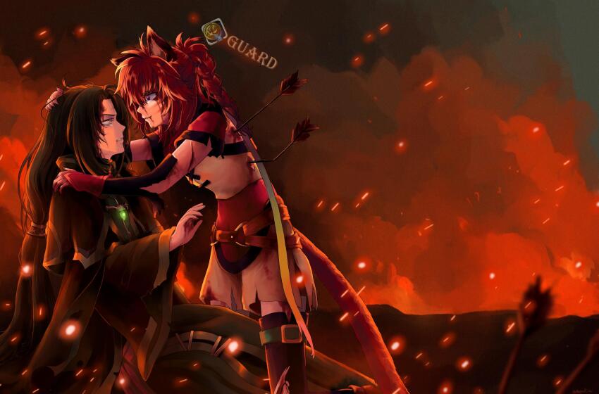 1boy 1girl animal_ears arrow_(projectile) arrow_in_body belt black_hair blood blood_on_face braid cape cat cat_ears cat_girl cat_tail commission commissioner_upload ebrietas_(arayaejiri) embers english_text facepaint facial_mark fire fire_emblem fire_emblem:_path_of_radiance fire_emblem:_radiant_dawn forehead_mark glowing_gem hand_guard highres injury laguz_(fire_emblem) long_hair lyre_(fire_emblem) messy_hair nintendo o-ring o-ring_belt open_mouth orange_hair orange_tail purple_eyes rainbow_ribbon robe shorts side_slit side_slit_shorts soren_(fire_emblem) tail tears thigh_belt thigh_strap whisker_markings