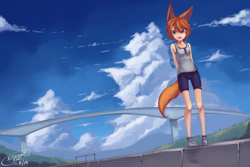 1girl animal_ears bad_id bad_pixiv_id bare_legs bike_shorts black_socks blue_sky bridge cloud dated day dreadtie female_focus fox_ears fox_tail green_eyes hair_between_eyes highres looking_at_viewer open_mouth orange_hair original outdoors railing shoes short_hair signature sky smile sneakers socks solo standing tail tank_top wall