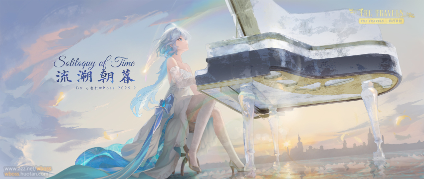 1girl ahoge alternate_costume artist_name bare_shoulders blue_bow blue_eyes blue_gemstone blue_hair blue_pupils bow chinese_commentary chinese_text cloud collarbone commentary commentary_request dated detached_sleeves dress drop-shaped_pupils english_commentary english_text from_side furina_(genshin_impact) gem genshin_impact grand_piano high_heels highres instrument long_hair mixed-language_commentary mixed-language_text multicolored_hair music outdoors piano playing_instrument sky solo strapless strapless_dress symbol-shaped_pupils very_long_hair watermark wboss web_address white_dress white_hair white_sleeves