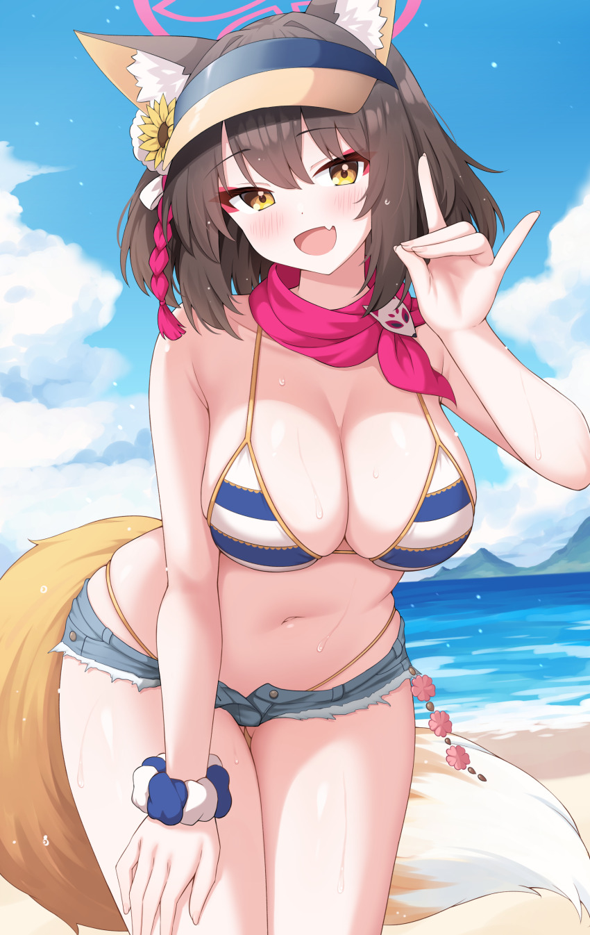 1girl absurdres alternate_breast_size animal_ear_fluff animal_ears beach bikini blue_archive blue_bikini blue_sky blush breasts brown_hair cleavage cloud cloudy_sky colored_inner_hair commentary curvy day denim denim_shorts enru extra_ears fang flower fox_ears fox_girl fox_shadow_puppet fox_tail grey_shorts hair_flower hair_ornament halo highleg highleg_bikini highres izuna_(blue_archive) izuna_(swimsuit)_(blue_archive) large_breasts looking_at_viewer micro_shorts multicolored_hair navel official_alternate_costume one_side_up open_mouth pink_halo pink_scarf rope scarf scrunchie shimenawa short_hair short_shorts shorts skin_fang skindentation sky smile solo striped_bikini striped_clothes sunflower sunflower_hair_ornament swimsuit tail thick_thighs thighs visor_cap wrist_scrunchie yellow_eyes yellow_tail