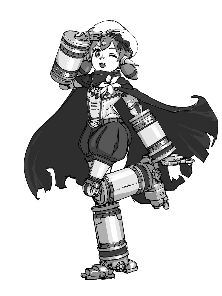 1girl android cape chin_bell commentary_request full_body greyscale hat highres joints looking_at_viewer low_twintails monochrome one_eye_closed open_mouth poppi_(xenoblade) poppi_alpha_(xenoblade) robot_joints short_twintails simple_background smile solo standing standing_on_one_leg torn_cape torn_clothes twintails white_background xenoblade_chronicles_(series) xenoblade_chronicles_2