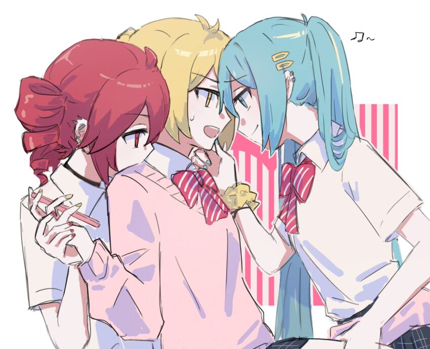3girls akita_neru antenna_hair black_choker blonde_hair blue_eyes blue_hair bow bowtie cardigan cardigan_around_waist choker clothes_around_waist drill_hair ear_piercing fingernails from_side hair_ornament hairclip hatsune_miku holding_hands kasane_teto multiple_girls musical_note piercing pink_cardigan pinstripe_bowtie red_bow red_bowtie red_eyes red_hair red_nails rskrkr shirt short_sleeves smile sweatdrop triple_ryuunen twin_drills twintails utau vocaloid white_background white_shirt yellow_eyes yellow_nails yuri zako_(vocaloid)