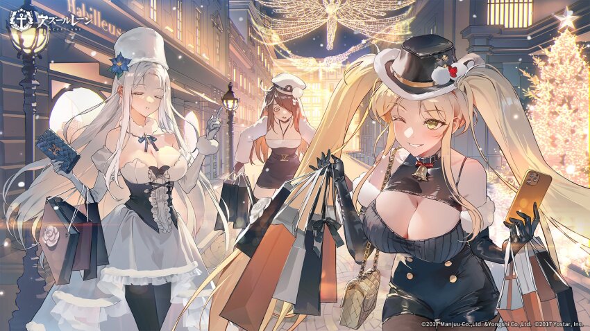 3girls :o @_@ azur_lane bag bare_shoulders bell belt black_belt black_dress black_gloves black_hair black_headwear black_skirt blonde_hair blue_flower blue_ribbon breasts buttons cellphone christmas christmas_tree cleavage cleavage_cutout closed_eyes clothing_cutout copyright_name detached_collar detached_sleeves double-breasted dress elbow_gloves flower frilled_dress frills fur_hat gloves green_eyes grin hair_flower hair_ornament hair_over_one_eye hat high-waist_skirt highres holding holding_phone hornet_(azur_lane) hornet_ii_(azur_lane) lamppost large_breasts long_hair long_sleeves looking_at_viewer multiple_girls neck_bell night northampton_(azur_lane) northampton_ii_(azur_lane) official_art okku one_eye_closed open_mouth outdoors pantyhose papakha parted_lips pencil_skirt phone pom_pom_(clothes) ribbon road shopping_bag skirt smartphone smile street teeth twintails wallet white_dress white_flower white_gloves white_hair yorktown_(azur_lane) yorktown_ii_(azur_lane)