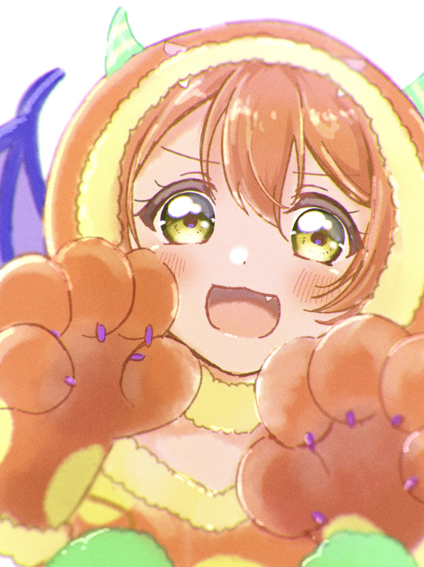 1girl :3 animal_hands blush demon_wings fake_horns fang gloves green_eyes hands_up highres hood hood_up horned_hood horns hoshizora_rin looking_at_viewer love_live! love_live!_school_idol_project open_mouth orange_hair osono_(osonokichi) paw_gloves paw_pose portrait solo white_background wings