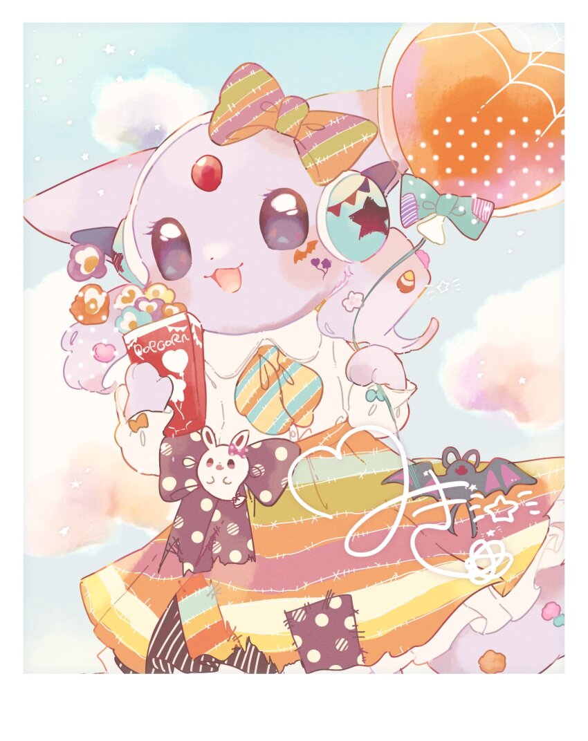 1girl :3 :d animal_ears animal_hands balloon blue_sky border bow candy cat_ears espeon facial_tattoo food forehead_jewel furry furry_female gem gen_1_pokemon gen_2_pokemon headphones heart_balloon highres holding holding_balloon looking_at_viewer mkt_(buizu-miki) nintendo open_mouth patchwork_clothes pokemon pokemon_(creature) popcorn purple_bow purple_eyes purple_fur purple_hair red_gemstone shirt skirt sky smile solo standing striped_bow striped_clothes striped_skirt tattoo white_border white_shirt zubat