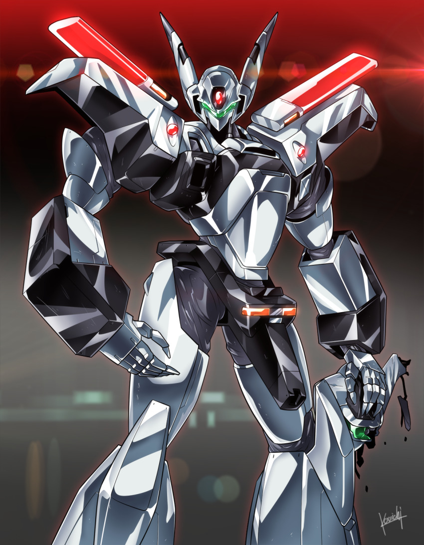 av-xo_type_zero highres holding_detached_head kidou_keisatsu_patlabor kouichi_(kouichi-129) looking_at_viewer mecha no_humans police robot signature solo standing visor