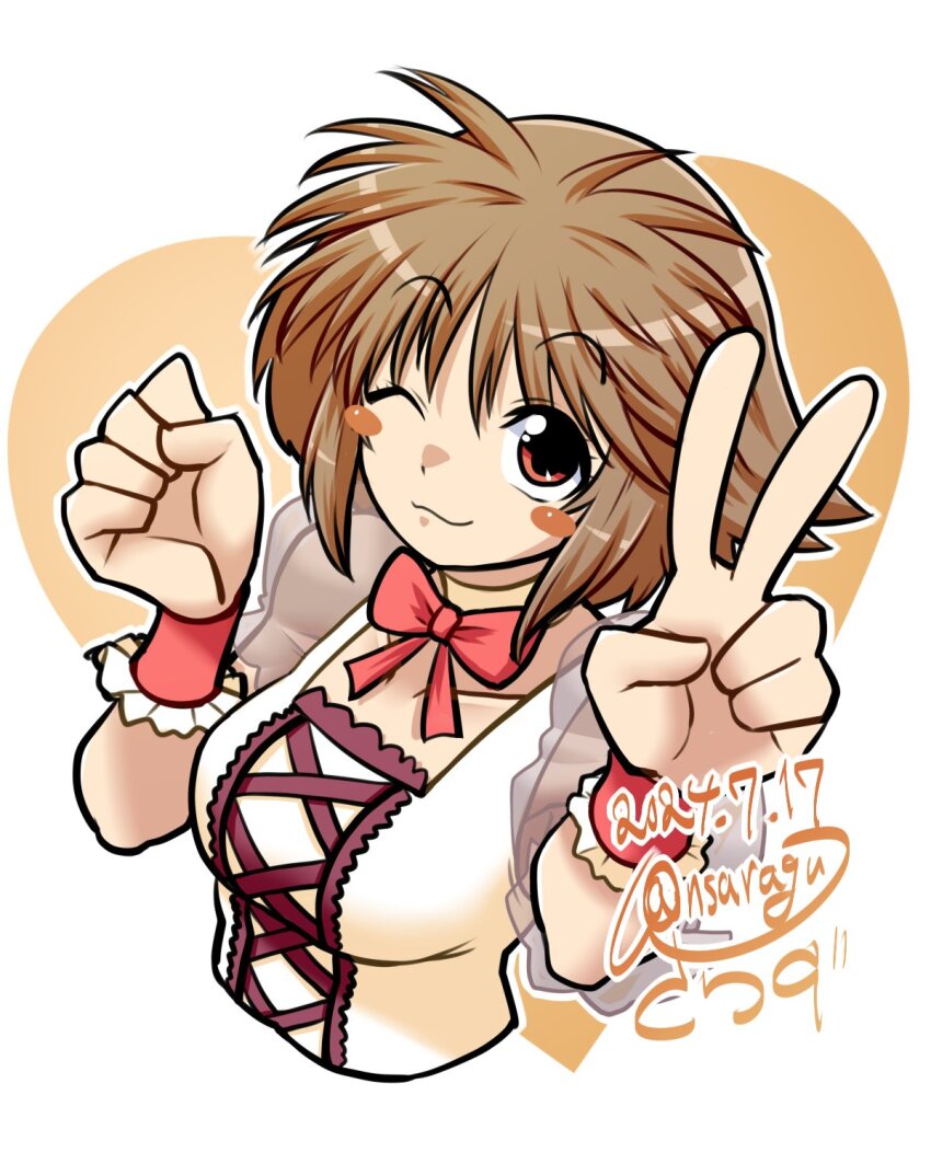 1girl arm_guards blush_stickers breasts brown_hair enomoto_aya hair_ribbon highres leotard one_eye_closed ribbon sakasa_gurasan short_hair small_breasts smile solo teeth upper_teeth_only v wrestle_angels wrestle_angels_survivor wrestle_angels_survivor_2 wrestler wrestling_outfit yellow_eyes