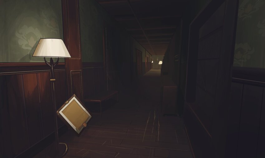 bench dim_lighting door hallway highres indoors lamp liminal_space ma_someru no_humans poppy_playtime scenery table wainscoting wooden_floor