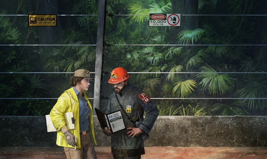 1boy 1girl baseball_cap beard belt binder blue_shirt brown_gloves brown_pants clipboard coat collared_shirt concrete cowboy_shot dinosaur edouard_groult english_text facial_hair fern gloves goatee hand_on_own_hip hard_hat hat helmet highres holding holding_pen jungle jurassic_park looking_at_another name_tag nature pants pen raincoat shirt tree walkie-talkie yellow_coat