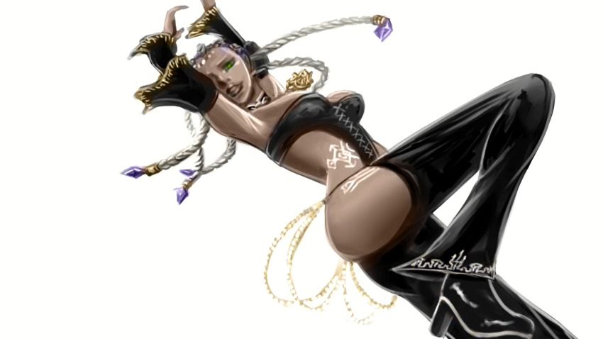 1girl abkc94 ass bodypaint breasts curvy dark-skinned_female dark_skin dolores_(kof) dress female_focus green_eyes huge_breasts jewelry large_breasts long_hair multicolored_hair purple_hair the_king_of_fighters thick_thighs thighs two-tone_hair white_hair