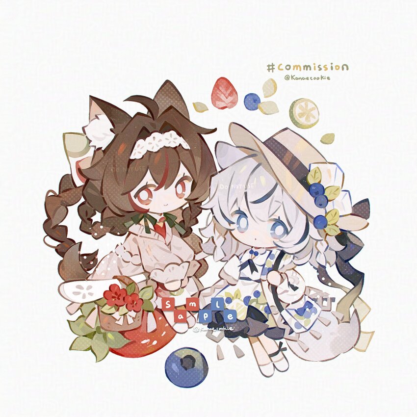 2girls animal_ear_fluff animal_ears blue_eyes blue_streaks blueberry braid braided_hair_rings bright_pupils brown_hair brown_hat chibi chibi_only closed_mouth commission double-parted_bangs dress food fruit full_body hair_rings hat highres kanae_(cookie) long_hair long_sleeves looking_at_viewer multicolored_hair multiple_girls original pink_sweater red_eyes red_streaks sample_watermark simple_background smile standing strawberry streaked_hair sweater tail twin_braids twitter_username watermark white_background white_dress white_hair white_pupils wolf_ears wolf_girl wolf_tail