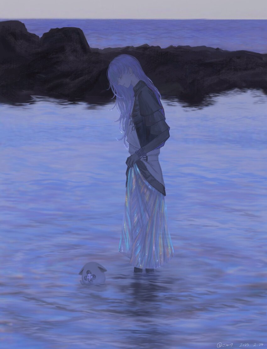 1boy black_gloves black_shirt collared_shirt gloves highres hoshirube_sho j14o7 lifting_own_clothes long_hair long_skirt long_sleeves male_focus nijisanji ocean otomo_(hoshirube_sho) outdoors pants purple_hair shirt skirt solo virtual_youtuber wading white_pants