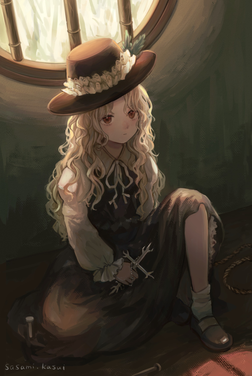 against_wall ankle_socks backlighting bamboo black_hat black_shoes black_skirt black_vest blonde_hair boater_hat brown_eyes collared_shirt commentary_request cross day dolls_in_pseudo_paradise expressionless frilled_sleeves frills hat hat_ornament hat_ribbon highres holding holding_cross indoors jacket_girl_(dipp) juliet_sleeves knee_up leaf_hat_ornament loafers long_hair long_skirt long_sleeves looking_at_viewer nail_(hardware) neck_ribbon on_floor puffy_sleeves ribbon rope round_window sasami_(shiroi_fuwafuwa) shirt shoes signature sitting skirt socks touhou vest wavy_hair white_ribbon white_shirt white_socks window