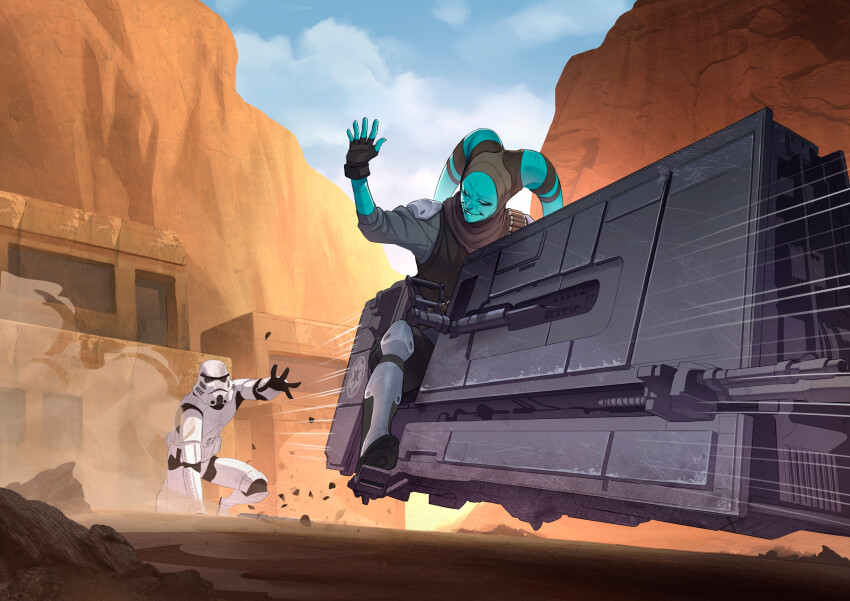 2boys absurdres alien armor armored_boots blue_skin blue_sky boots brown_gloves cloud colored_skin day fingerless_gloves gabriel_gomez_almenzar gloves highres lekku_(anatomy) multiple_boys outdoors sky star_wars stormtrooper twi&#039;lek white_armor