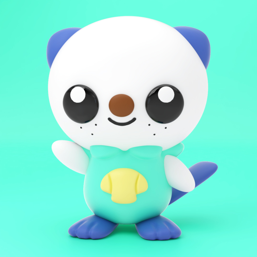 3d aqua_background arm_up black_eyes closed_mouth commentary creatures_(company) english_commentary freckles full_body game_freak gen_5_pokemon looking_at_viewer nintendo no_humans oshawott pokemon pokemon_(creature) puffcakerosie simple_background smile solo standing zbrush_(medium)