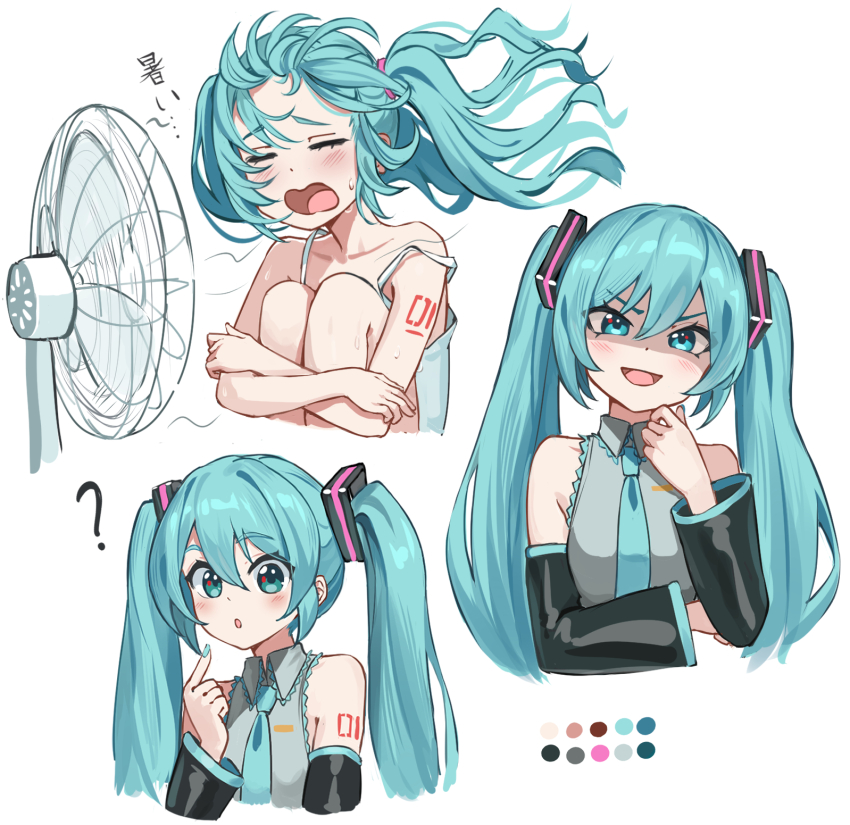 1girl ? aqua_eyes aqua_hair aqua_necktie arm_up bare_shoulders bib_(bibboss39) black_sleeves chibi closed_eyes collarbone color_guide commentary detached_sleeves dot_nose electric_fan english_commentary frills grey_shirt hatsune_miku highres long_hair looking_at_viewer multiple_views necktie number_tattoo open_mouth shirt simple_background sleeveless sleeveless_shirt smug tattoo vocaloid white_background