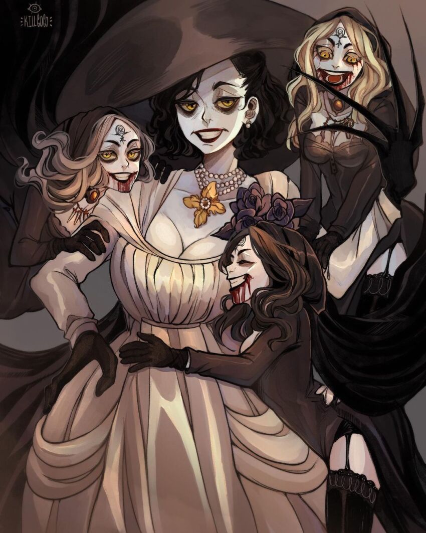 3girls alcina_dimitrescu bela_dimitrescu black_dress black_hair blonde_hair blood blood_from_mouth breasts cassandra_dimitrescu daniela_dimitrescu dress hand_on_own_hip highres killgogo large_breasts looking_at_another looking_at_viewer medium_hair mother_and_daughter multiple_girls resident_evil resident_evil_village white_dress yellow_eyes