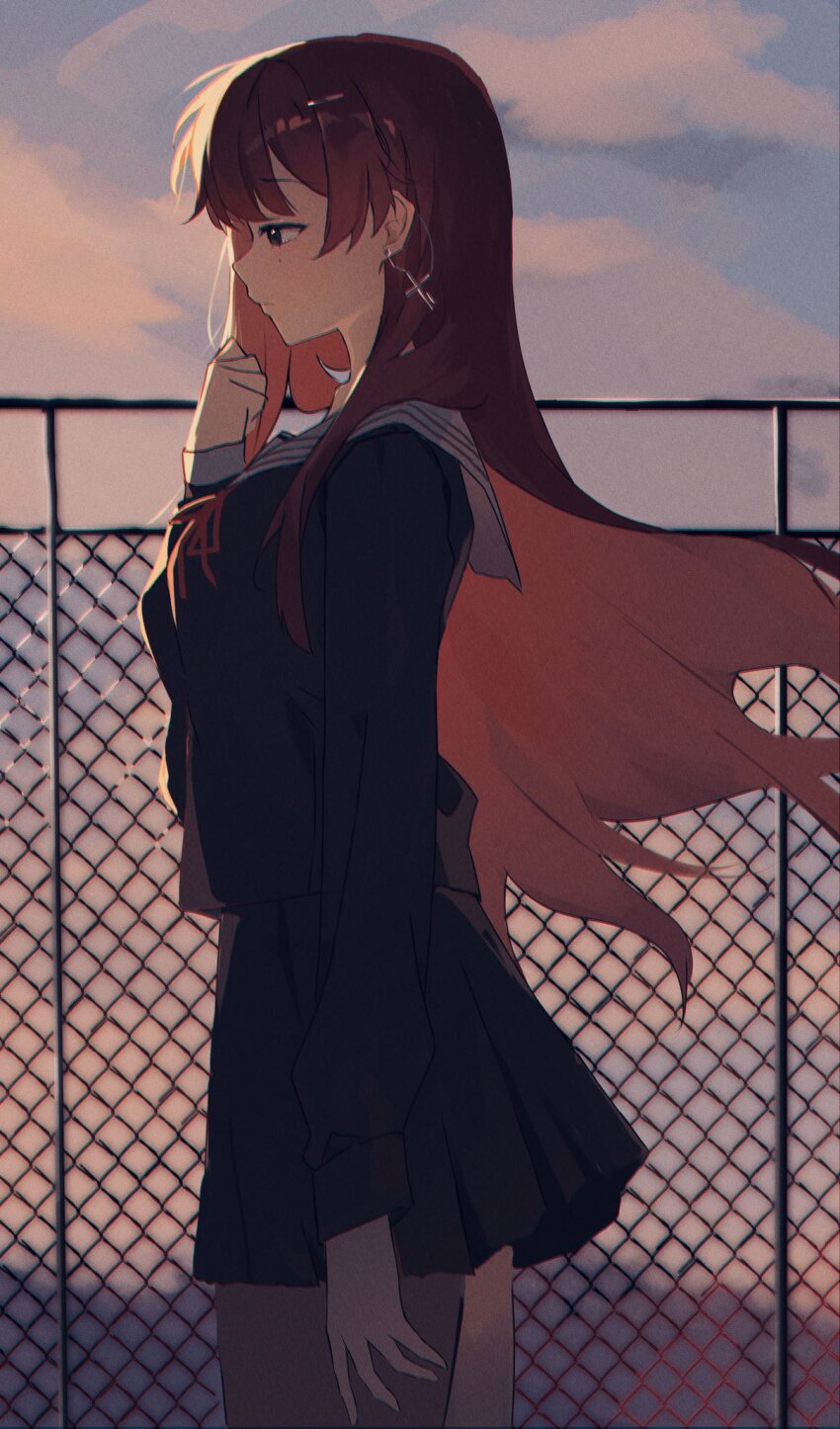 1girl akane_lize arm_at_side black_shirt black_skirt chain-link_fence chromatic_aberration closed_mouth cloud cowboy_shot cross cross_earrings dress earrings evening fence film_grain floating_hair from_side grey_sailor_collar hand_up hashtag-only_commentary highres jewelry long_hair long_sleeves meosic2 miniskirt neck_ribbon outdoors pleated_skirt red_dress red_ribbon ribbon sad sailor_collar school_uniform shirt skirt sky solo standing stellive very_long_hair virtual_youtuber wind