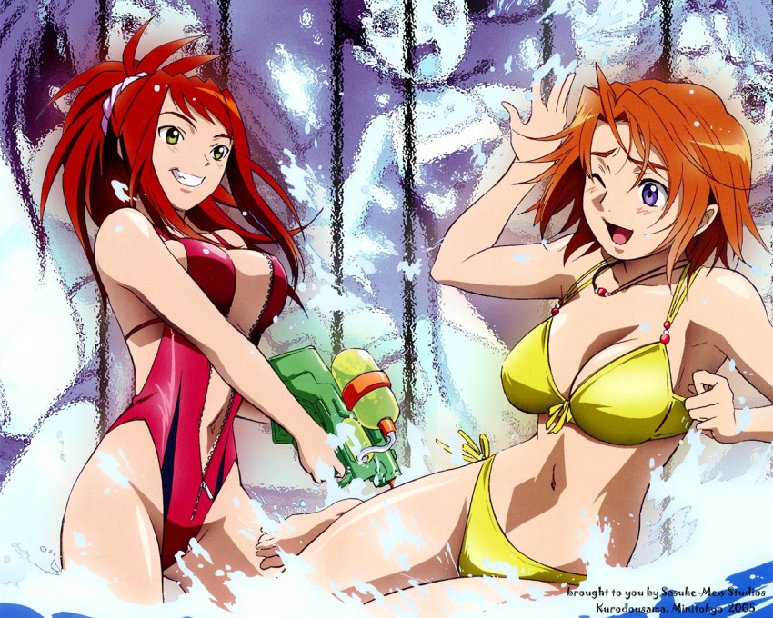 00s bikini green_eyes long_hair my-hime non-web_source official_art official_wallpaper orange_hair purple_eyes red_hair short_hair splashing sugiura_midori swimsuit tokiha_mai water water_gun