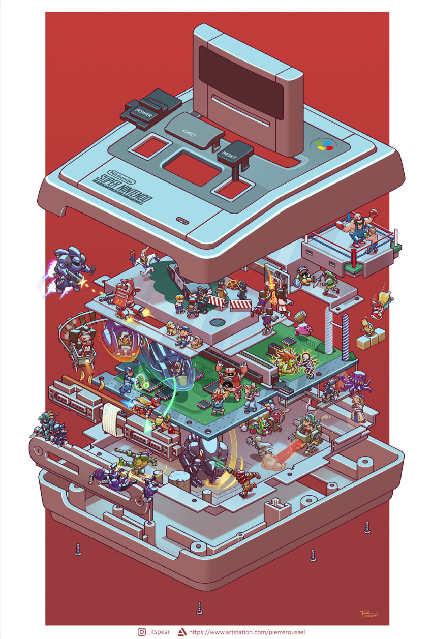 4girls 6+boys armor attack ball banana basketball_(object) basketball_hoop basketball_uniform bear_hugger beard black_hair blanka blonde_hair bokujou_monogatari border boxing_gloves boxing_ring boxing_shorts brown_hair bub_(bubble_bobble) cape captain_falcon car celes_chere character_request child choujinzou chrono_trigger copyright_request crono_(chrono_trigger) diddy_kong dog donatello_(tmnt) donkey_kong donkey_kong_(series) donkey_kong_country dragoon_(final_fantasy) earthworm_jim earthworm_jim_(series) exploded_diagram f-zero facial_hair final_fantasy final_fantasy_vi firing food foot_clan fruit game_console green_hair hat highres jumping kirby kirby_(series) koopa_troopa link little_mac locke_cole long_hair looking_at_another magitek_armor mario mario_(series) marle_(chrono_trigger) mecha mega_man_(series) mega_man_x_(series) metroid mettaur minecart mother_(series) mother_2 motor_vehicle multiple_boys multiple_girls mustache nba_jam ness_(mother_2) nintendo outside_border pete_(bokujou_monogatari) pierre_roussel porky_minch power_armor red_background red_hair robot running samus_aran screw short_hair shorts simple_background sitting sportswear standing street_fighter street_fighter_ii_(series) sunglasses super_famicom super_mario_world super_metroid super_punch-out!! teenage_mutant_ninja_turtles teenage_mutant_ninja_turtles:_turtles_in_time the_legend_of_zelda the_legend_of_zelda:_a_link_to_the_past tina_branford ultros white_border x_(mega_man) zero_(mega_man)