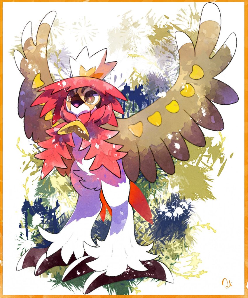 beak black_claws border brown_eyes feathers green_background highres hisuian_decidueye loki_(regulus_1111) nintendo outstretched_arms pokemon pokemon_(creature) red_feathers white_background wings yellow_border