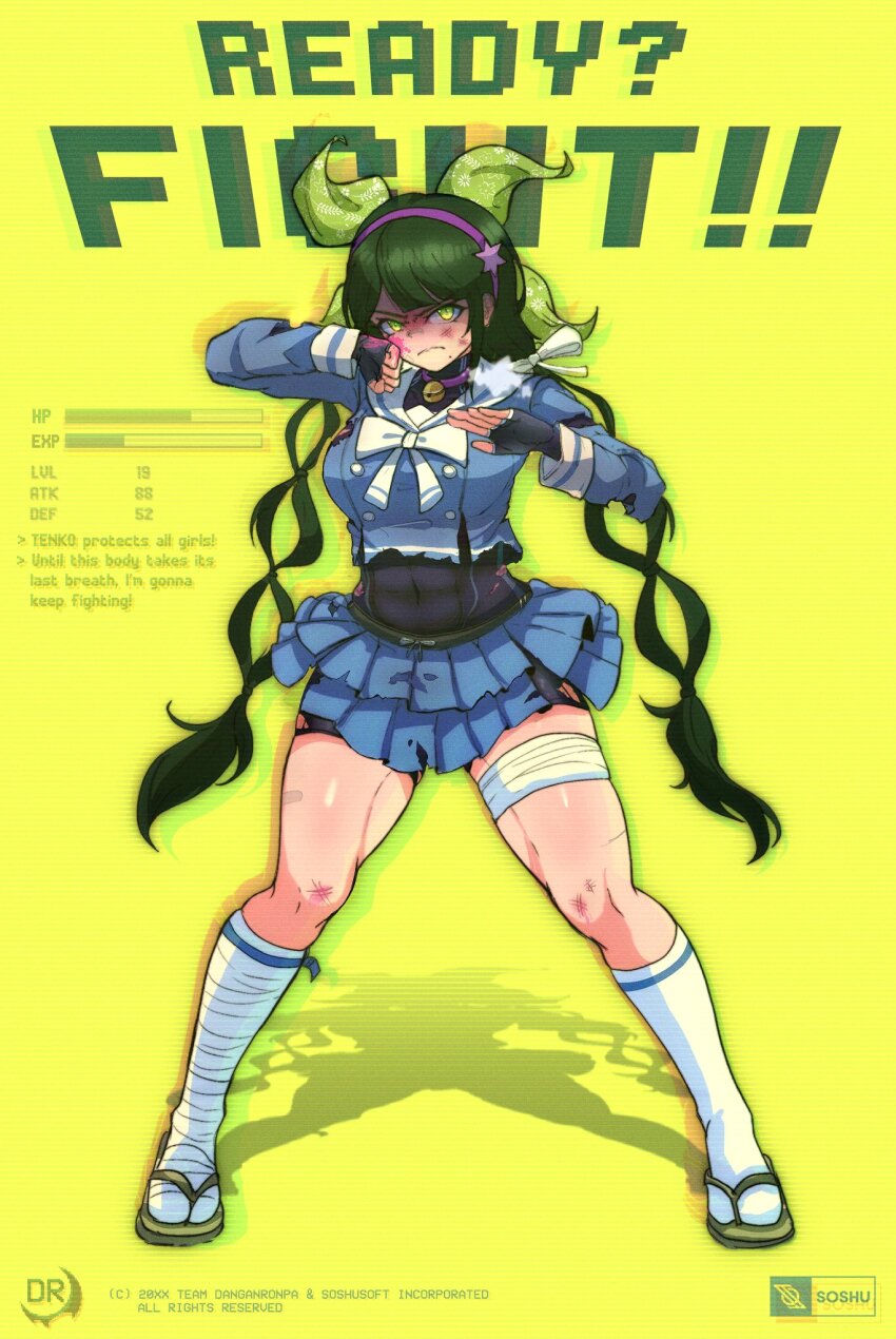 1girl alternate_costume artist_name bandaged_leg bandages black_hair black_shorts blood blood_on_face bow breasts bruise chabashira_tenko choker commentary copyright_name copyright_notice covered_navel danganronpa_(series) danganronpa_v3:_killing_harmony english_commentary english_text fighting_stance fingerless_gloves full_body gloves glowing glowing_eyes green_eyes hair_ornament hair_ribbon hairband health_bar highres injury kneehighs layered_skirt legs_apart long_hair long_sleeves low_twintails mole mole_under_mouth pink_blood pink_choker pink_hairband ribbon sailor_collar sandals school_uniform scratches shadow shiny_skin shirt shorts shorts_under_skirt simple_background skindentation skirt socks solo soshu_(soshuscribbles) standing static stats thick_thighs thighs toned toned_female twintails very_long_hair white_bow white_socks