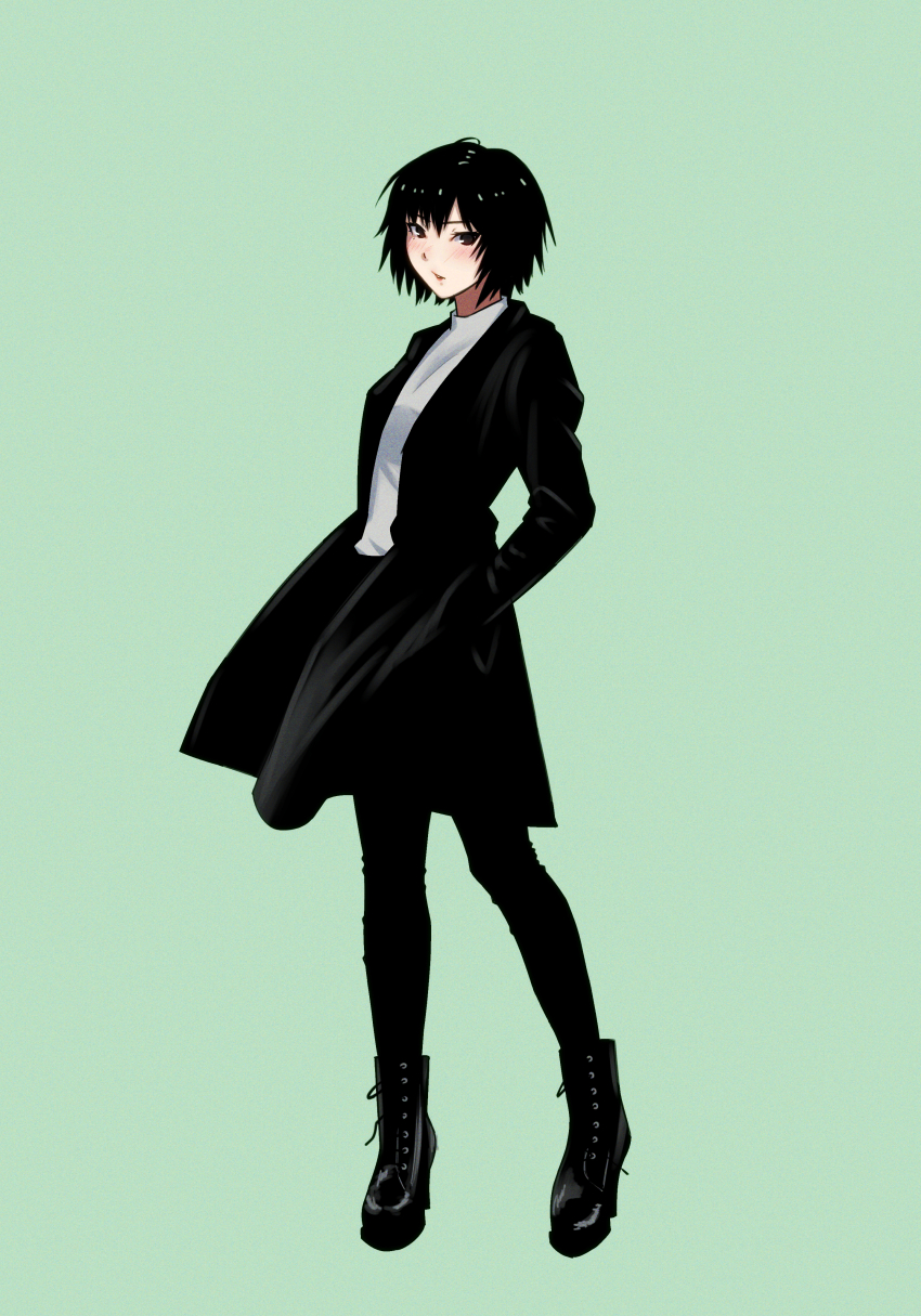 1girl absurdres amagami black_boots black_eyes black_hair black_jacket black_leggings blush boots breasts commentary film_grain from_side full_body green_background hair_between_eyes hands_in_pockets highres jacket knee_boots leggings looking_at_viewer looking_to_the_side medium_breasts nanasaki_ai open_clothes open_jacket oshizu parted_lips shirt short_hair simple_background solo standing white_shirt